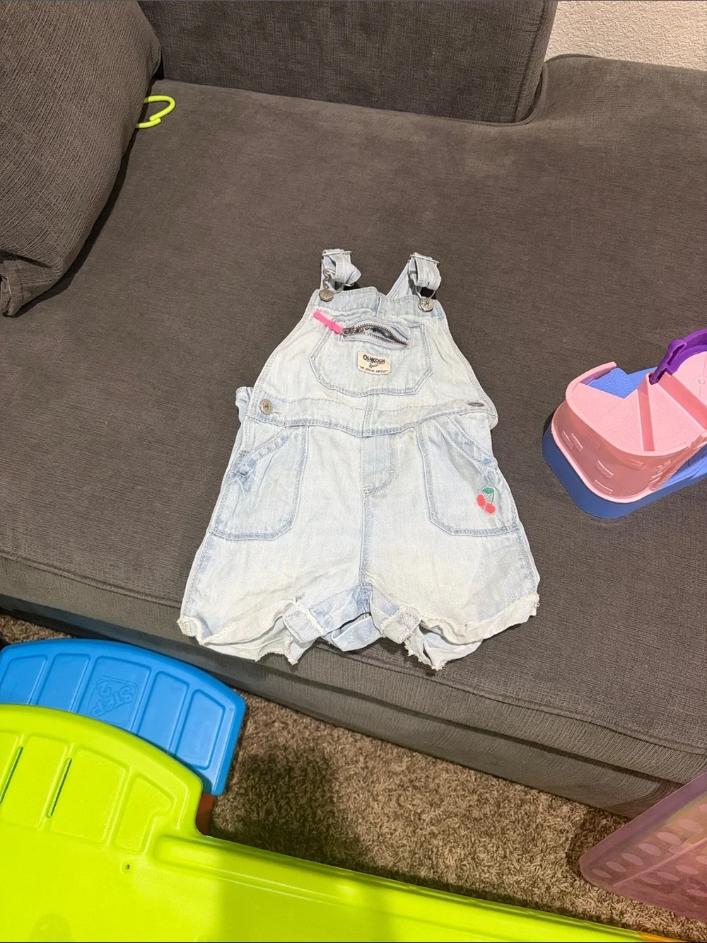 OshKosh B'gosh Light Blue Denim Shortall Overalls with Cherry Accent 18-24 month